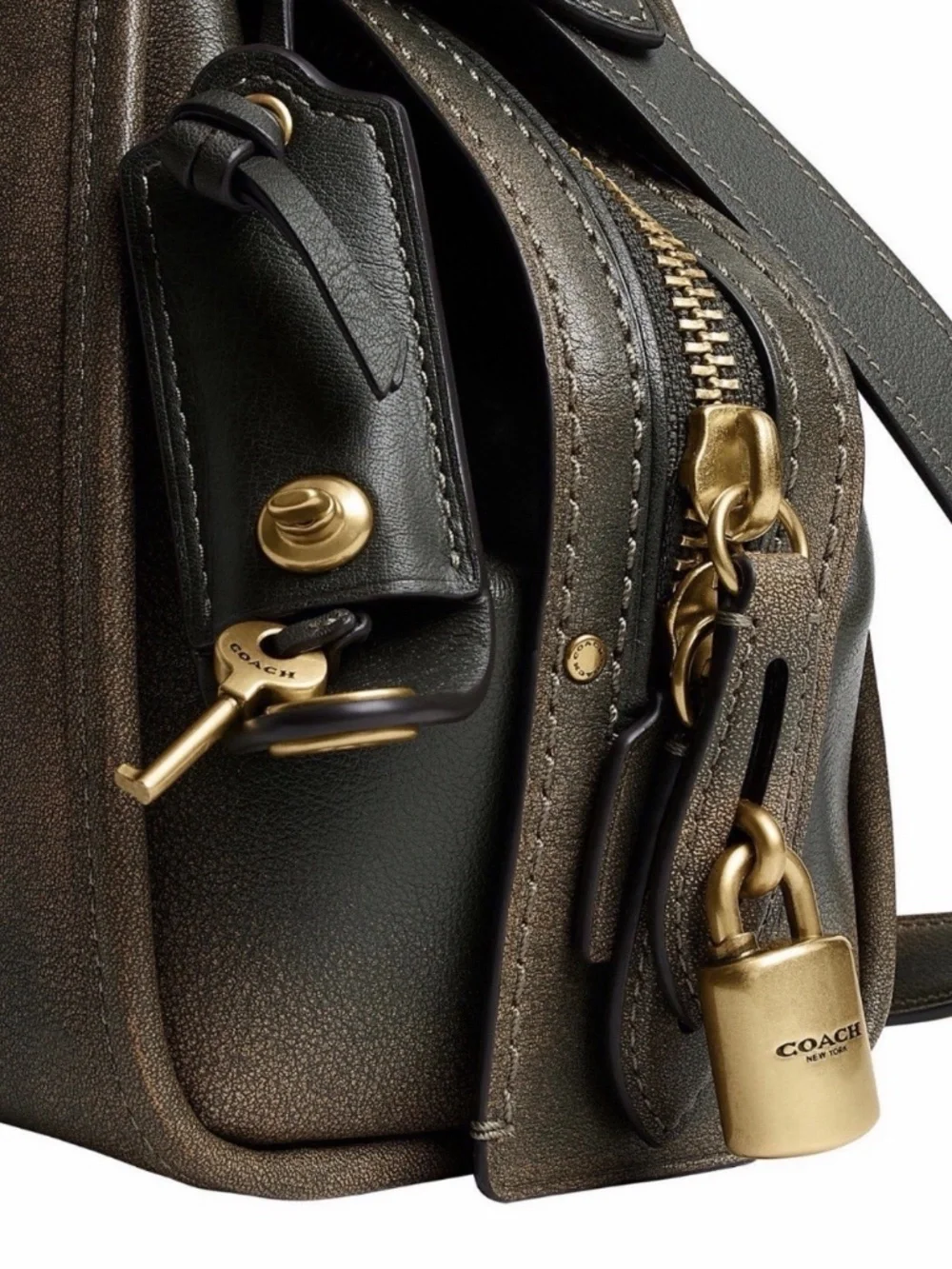 Coach Loved Leather Rogue 31 Bag Brass/Green Rub-off Soft Full Grain Leather NWT